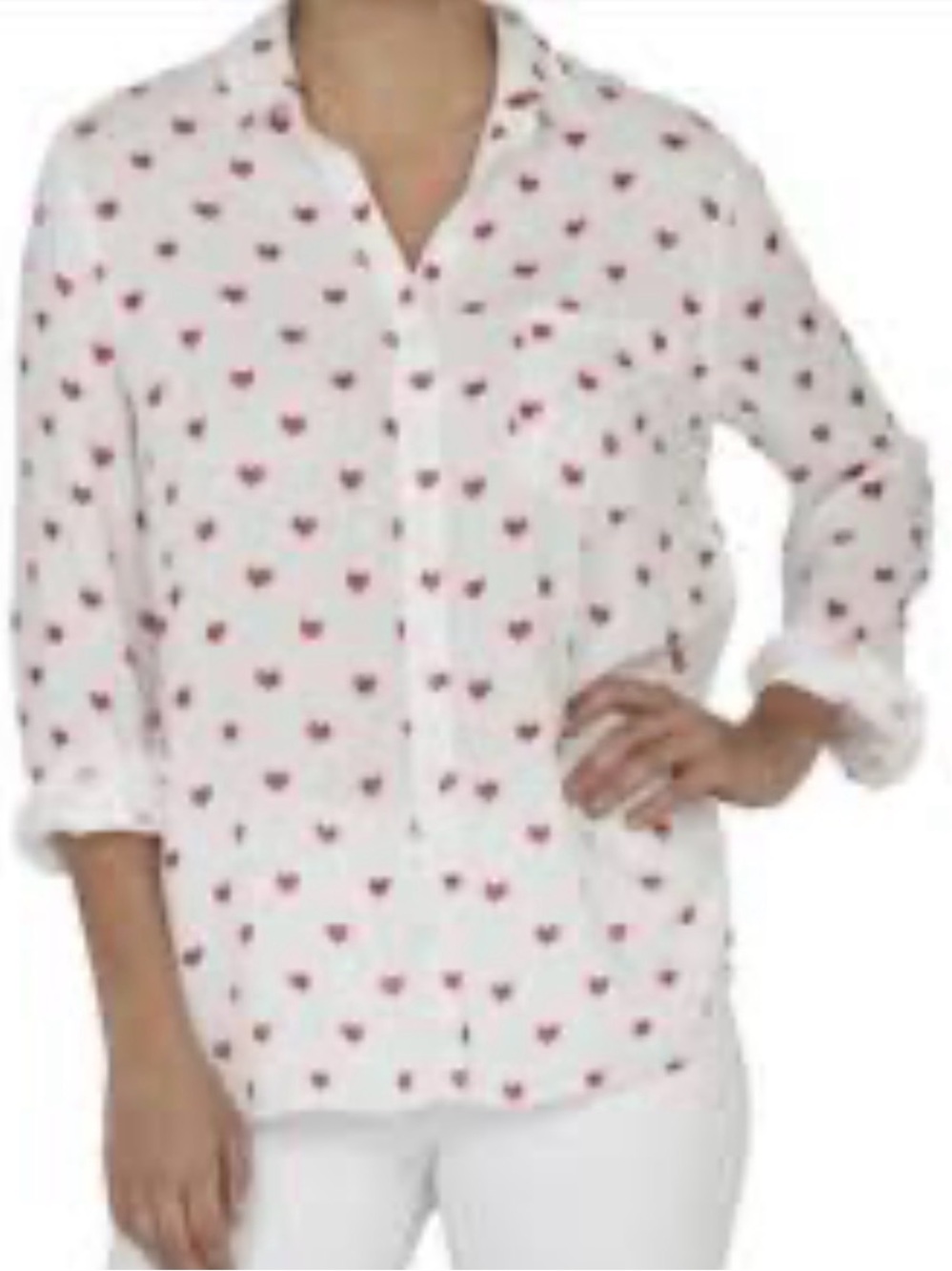 beachlunchlounge White Button-Down Shirt with Pink Heart Print